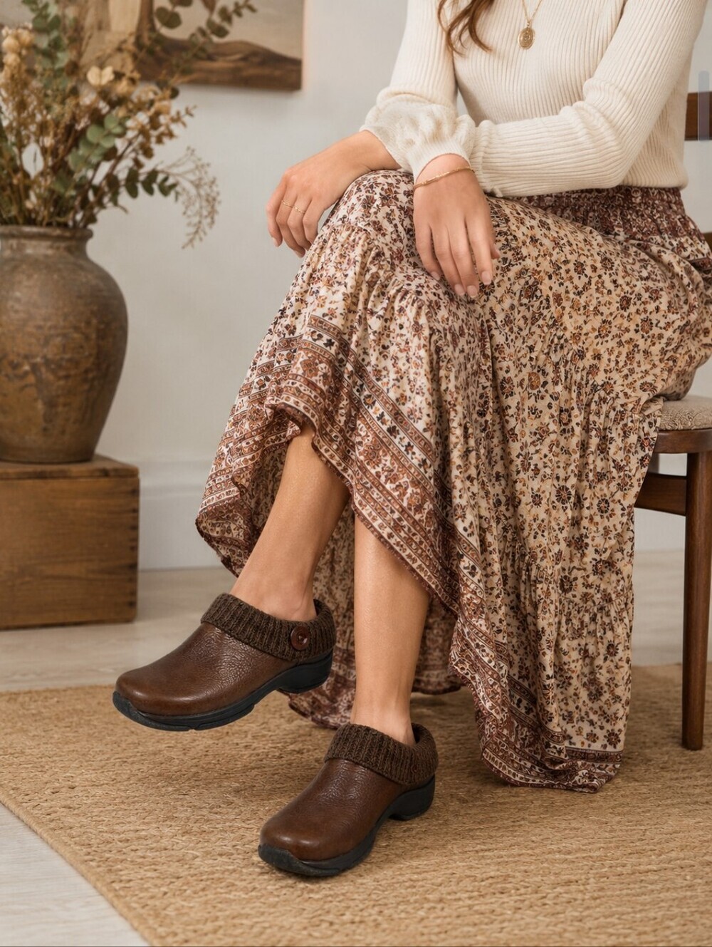 Dansko Kenzie Brown Leather Clogs 38 Knit Trim Comfort Slip On Shoes